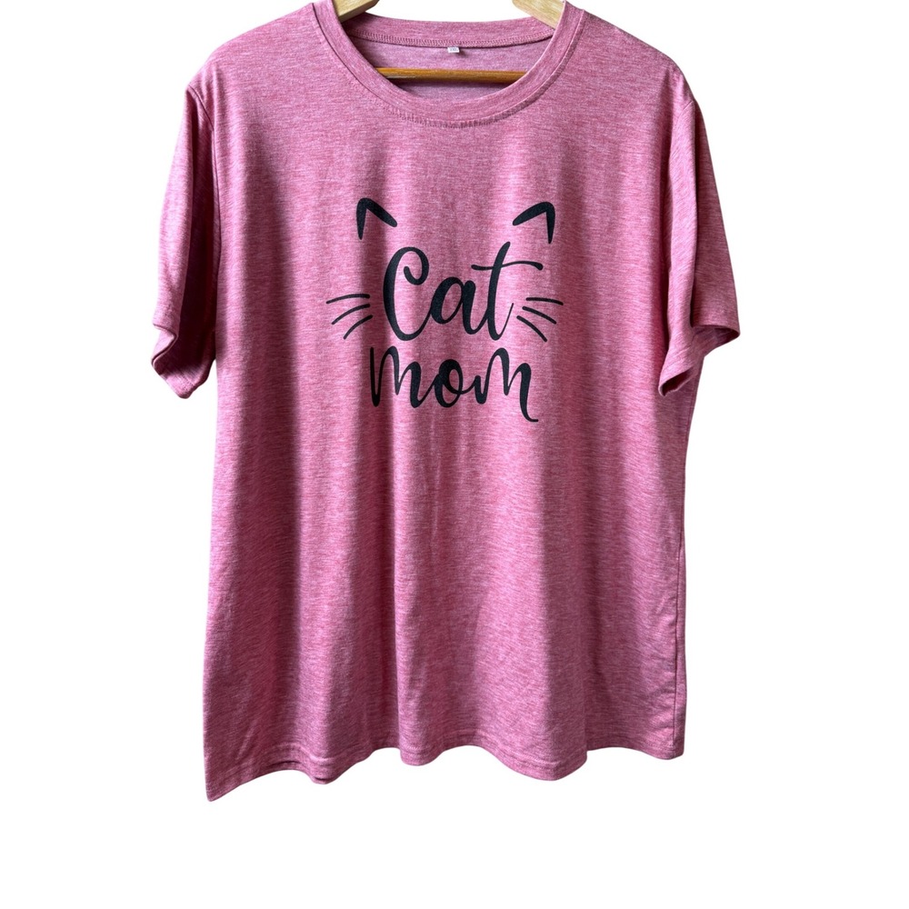 Cat Mom Graphic T-Shirt‎ Pink Heathered Short Sleeve Crew Neck Plus Size 2XL